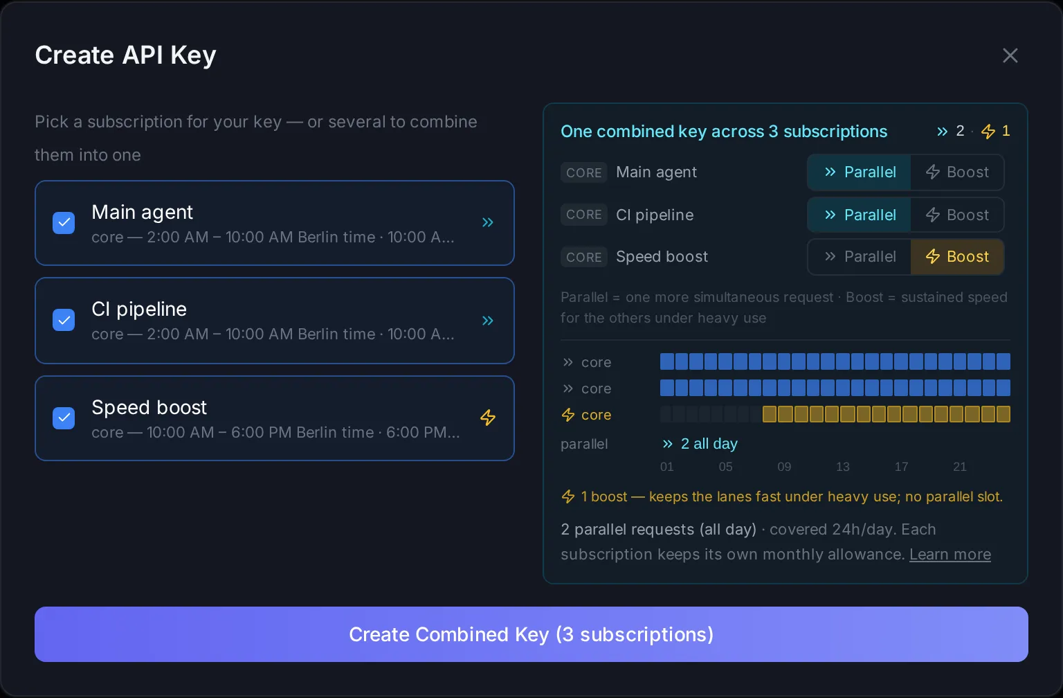 Create API Key modal composing a combined key: three subscriptions selected, one set to Boost, with the live coverage diagram